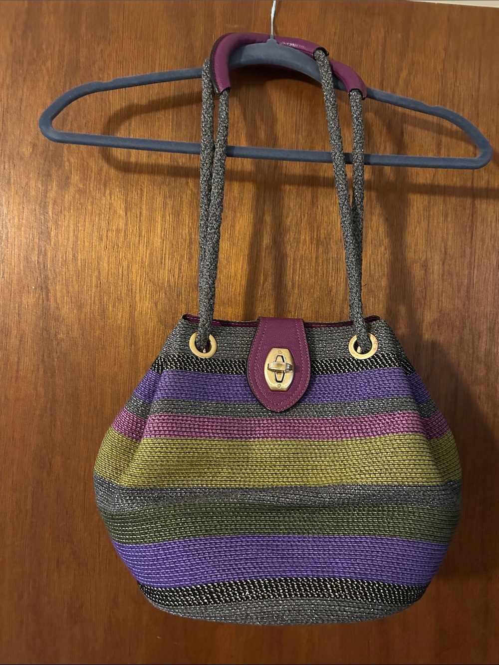 Eric Javits Striped Woven Shoulder Bag in Purple, Green, Pink & Gray